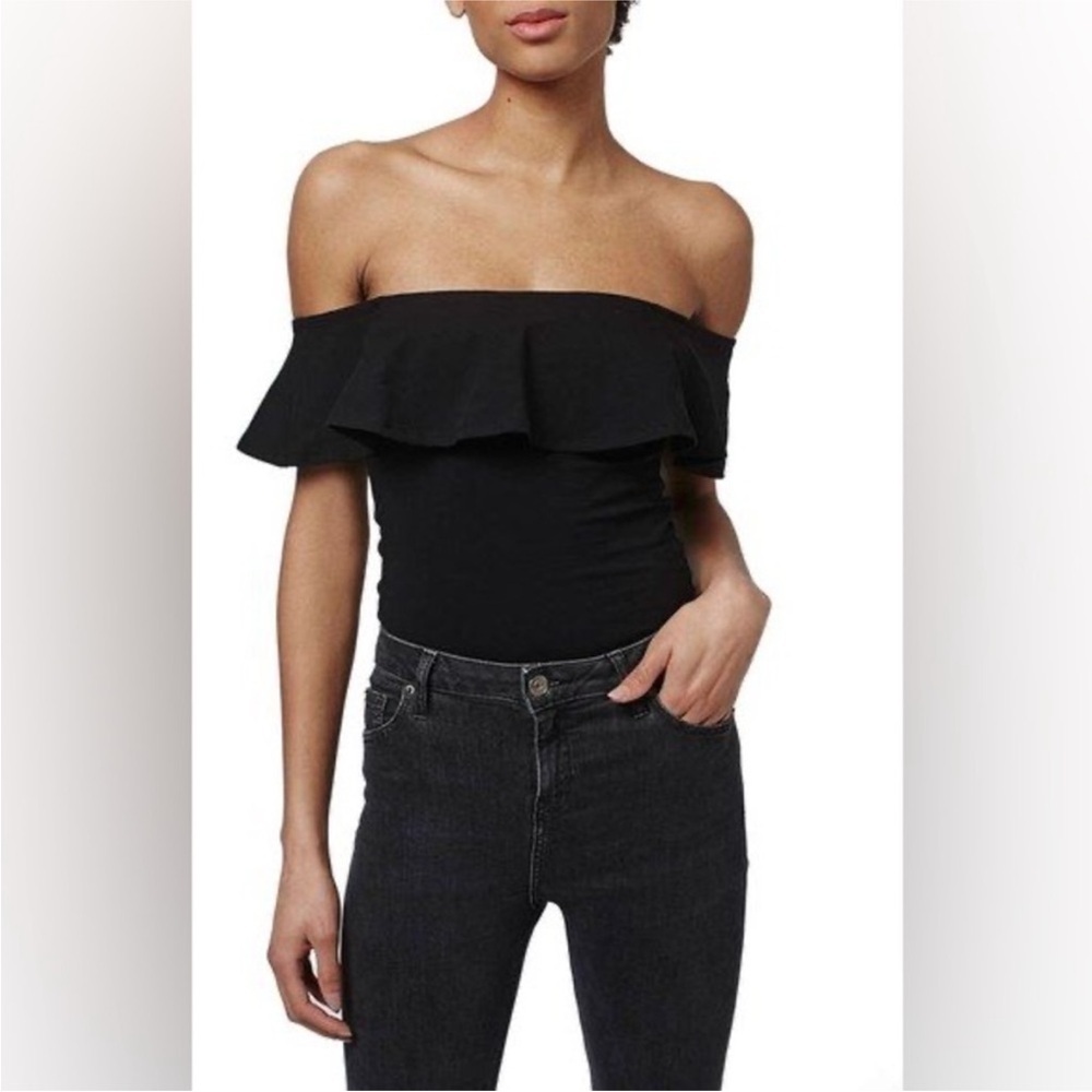Topshop Black Off The Shoulder Ruffle Bodysuit US 4